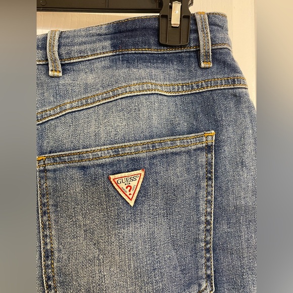 Guess 90s Patchwork Ripped Mini Cotton Pockets Zipper Denim Jean Skirt Size 30 - Picture 8 of 11